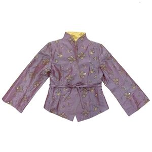 Women Asian Chinese Jacket Metallic Light Purple Lilac Sequins Wrap Tie Front M